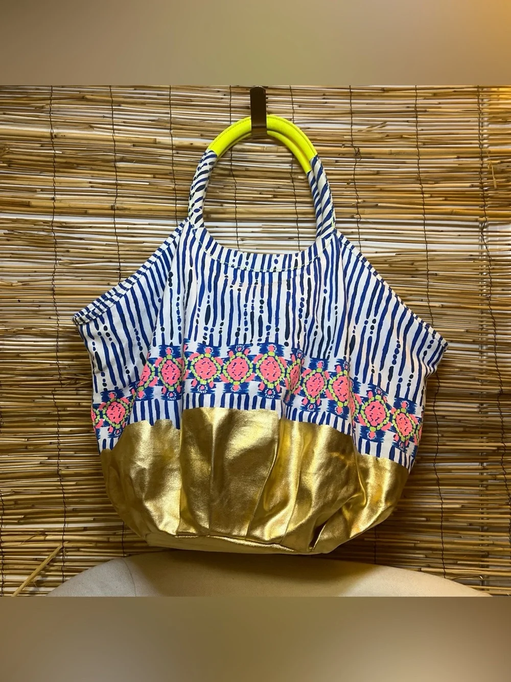 Lilly Pulitzer Navy Stripe Neon Pink turtles & Gold Hobo Tote